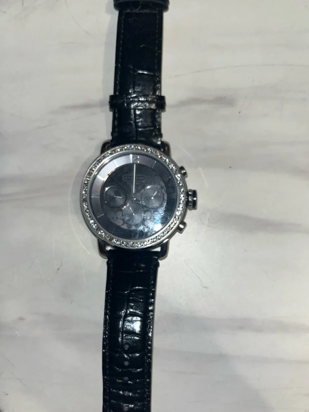 Coach Black Leather Strap Crystal Bezel Women's Watch